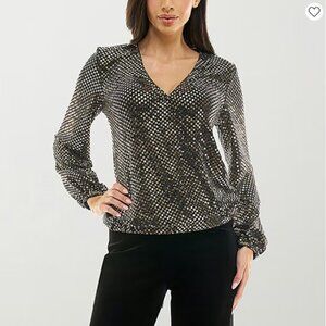 Premier Amour Black Metallic Womens XL Long Sleeve Blouse